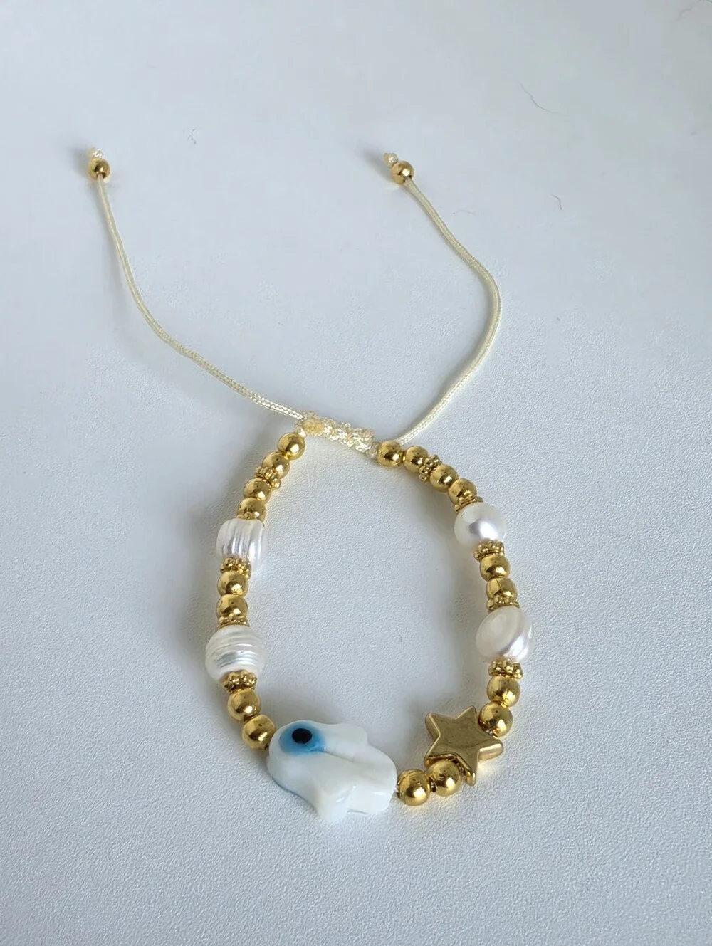 Handmade Hamsa Evil Eye Pearl Adjustable Bracelet Gold Beaded Boho Protection